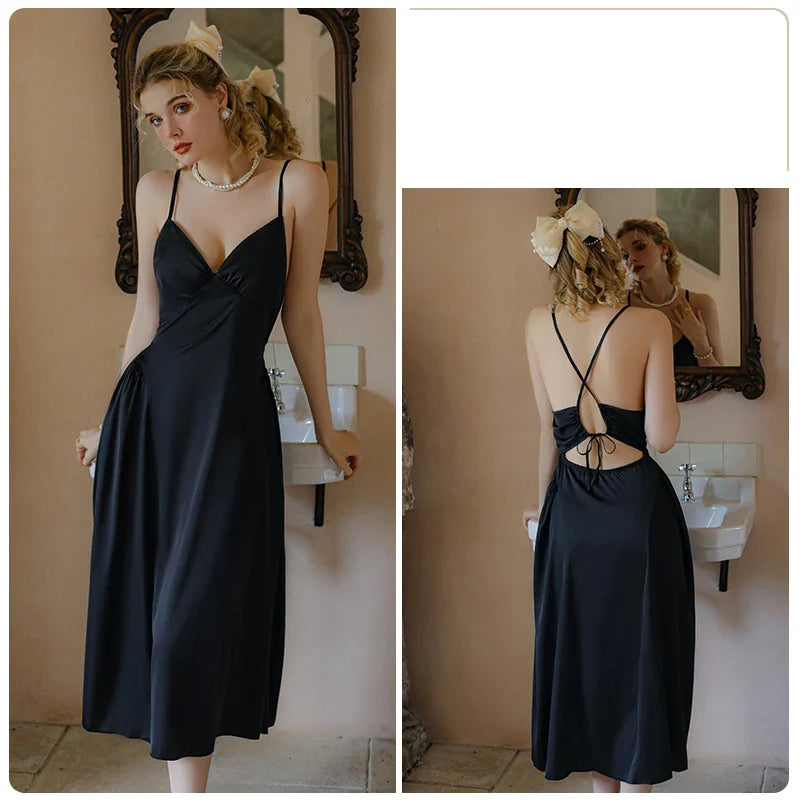 YESMYTOOL  -  French Sexy Backless Temptation Pajamas With Chest Pad Suspender Nightdress Nightgown Slip Night Wears Homewear Bride Maid Dress