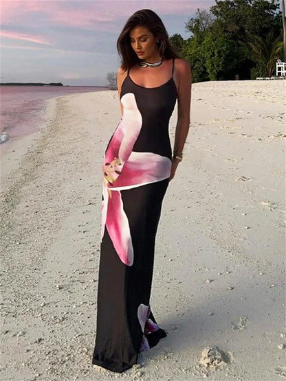 Contrast Spaghetti Slim Maxi Dress Female Printed Off-Shoulder Fashion Holiday Beach Dress Patchwork Summer Party Dress