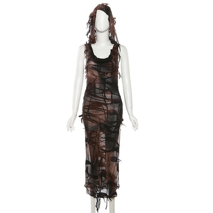 Goth Dark Tassel Vintage Gothic Hooded Midi Dresses Fairy Grunge Y2k Sexy High Split Dress Female Sleeveless Tie Dye Streetwear