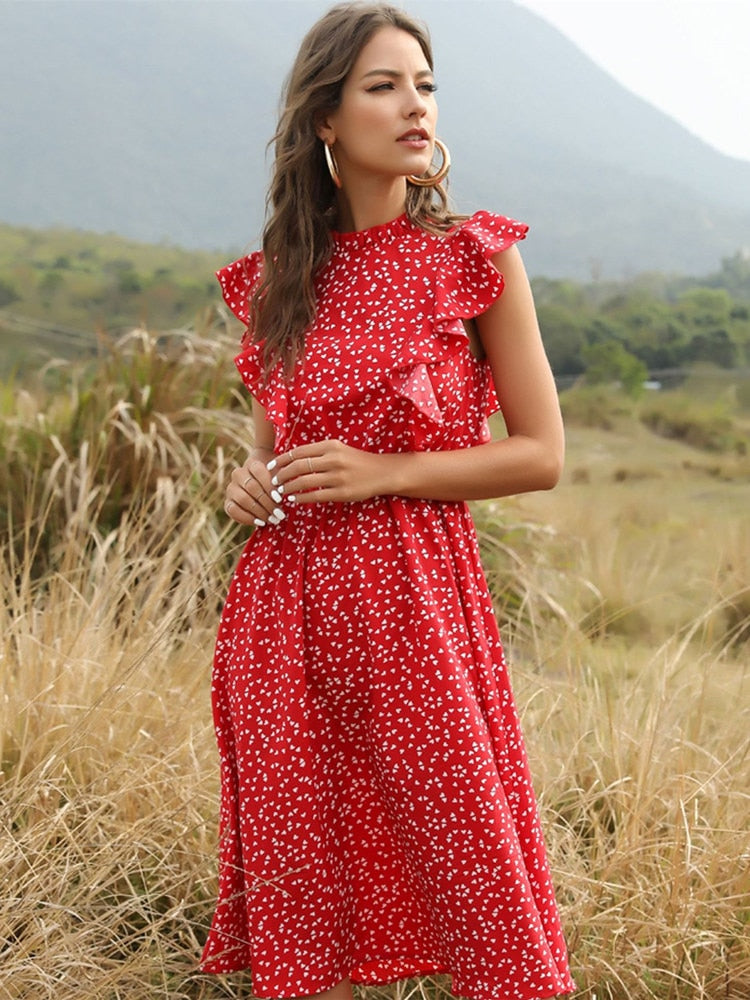 Summer Ladies Elegant Dot Print Chic Dress Women Butterfly Sleeve Ruffles Medium Long Chiffon Dress