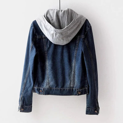 Blue Denim Coat Women Hooded Turn-down Collar Denim Jacket Women Slim Button Jacket Patchwork Outwear Jean Coat Female