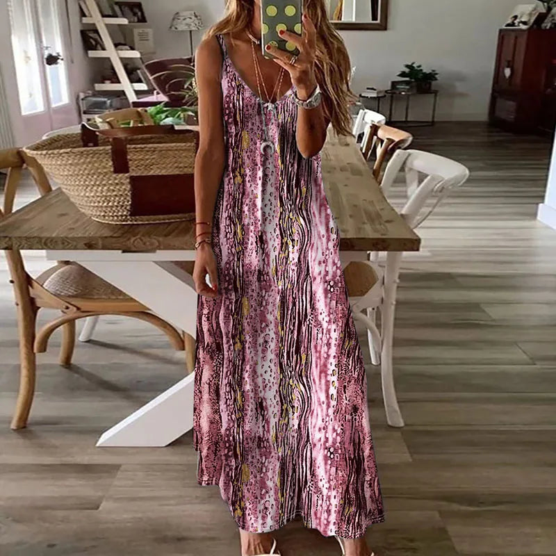 YESMYTOOL  -  2024 Summer Bohemian Long Dress Women's V-neck High Waist Pattern Printed Dress Casual Hollow Sleeveless Spaghetti Strap Dresses