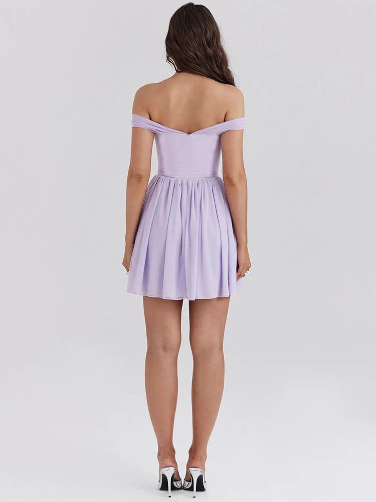 Purple Strapless Sexy Mini Dress For Women Fashion Chest Fold Off-shoulder Backless Loose Club Party Pleated Dress