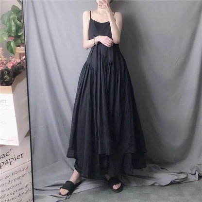 White Camis Dress Women Summer Korean Elegant Irregular Black Long Beach Dress Vintage Loose Solid All Match A Line Dress