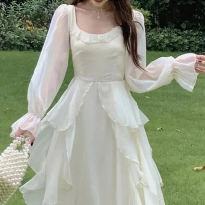 Vintage Fairy Chiffon Long Dress Women White Elegant French Party Midi Dress Puff Sleeve Casual Women's Clothing