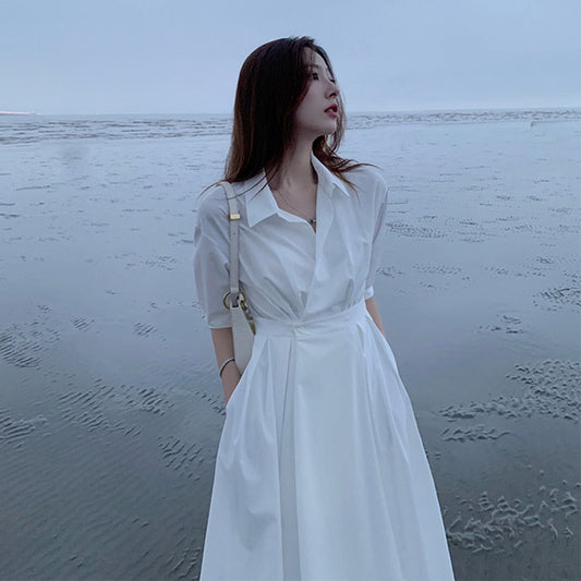 Vintage Solid Shirt Dress Korean Turn Down Collar Work Maxi Dresses for Women White Loose Casual Long Woman Dress Summer