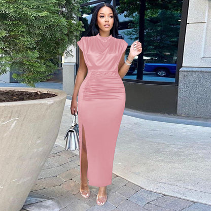 Women Shiny Long Dress Pleated Long Green Elegant Slit High Collar Slim Fit Sleeveless Maxi Robes Female Gowns Party  Spring dingdamall mid size graduation outfit romantic style teen swag clean girl ideas 90s latina aesthetic