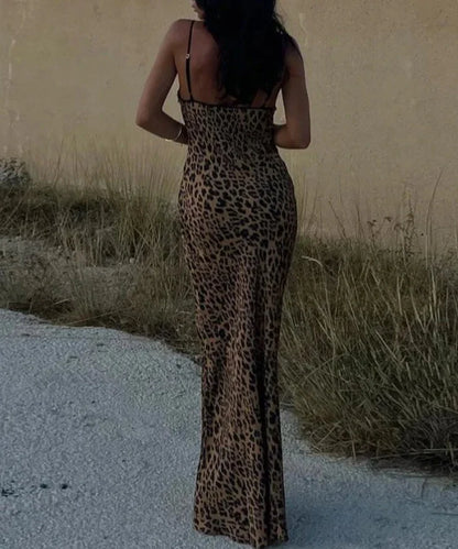 Women New Y2K Elegant Leopard Printed Maxi Dresses Backless Skinny Spaghetti Strap Lace-up Slim Vintage Robe Dress