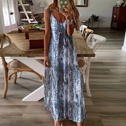 YESMYTOOL  -  2024 Summer Bohemian Long Dress Women's V-neck High Waist Pattern Printed Dress Casual Hollow Sleeveless Spaghetti Strap Dresses