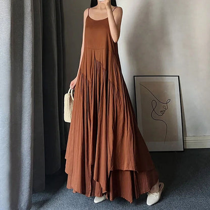 White Camis Dress Women Summer Korean Elegant Irregular Black Long Beach Dress Vintage Loose Solid All Match A Line Dress