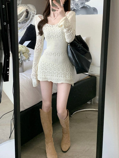 Autumn Elegant Knitted Dress Women Long Sleeve Lace Short Party Dress Korea Fashion Slim Sexy Y2k Mini Dress Female Vintage