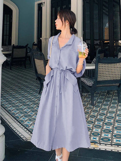 YESMYTOOL  -  Elegant Vintage Long Dress Women Summer Loose Casual Shirt Dresses Office Lady Solid High Street Korean Fashion Robe