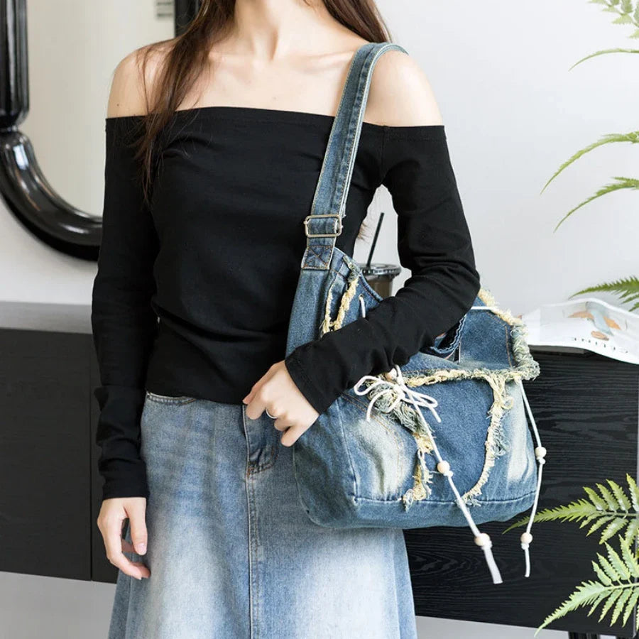 Y2K Korean Harajuku Gothic Hobo Denim Bag Aesthetic Vintage Purses WomenHandbag Crossbody Messenger Tote Peddler Shoulder Bags