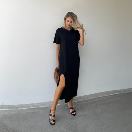 Summer Fashion Split Women T shirt Dress Black Basic Simple Dresses