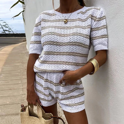 dingdamall  -  New 2024 Striped Knitted Two Piece Sets Summer Women's O-neck Top with Shorts Suit Fashion Color Blocking Slim Fit Beach Outfits