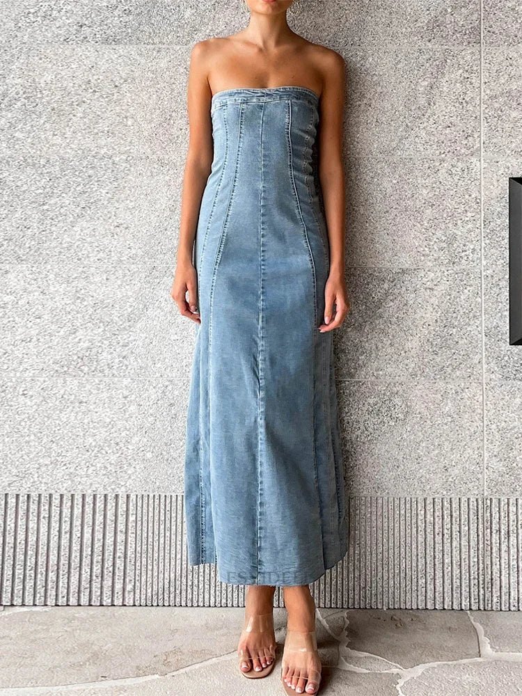 YESMYTOOL  -  Side Slit Denim Bodycon Dress For Women Slim Sleeveless Maxi Dresses Women's Street Sexy Streetwear Woman Autumn 2024 New