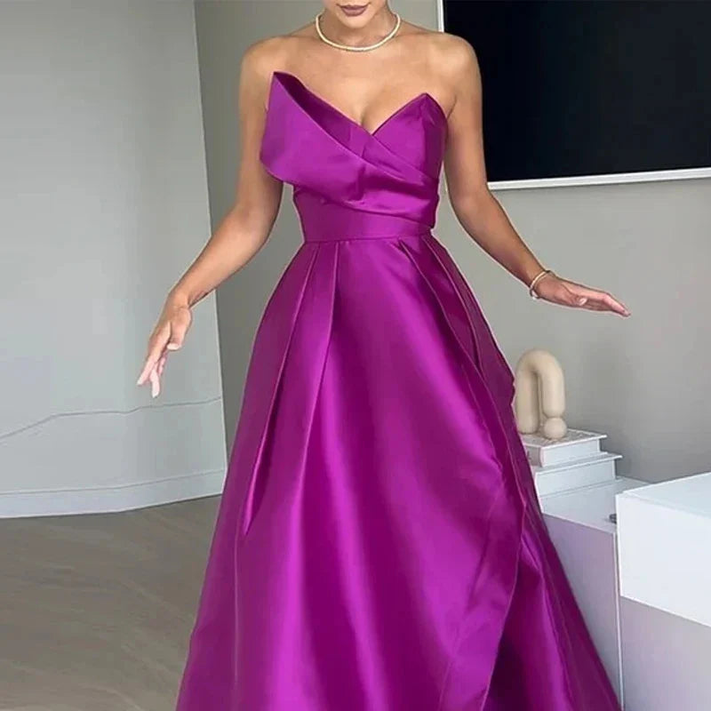 YESMYTOOL  -  Elegant Solid Color Party Dresses New Sexy Strapless High Waist Evening Dress Women's Temperament Off Shoulder Satin Long Dress