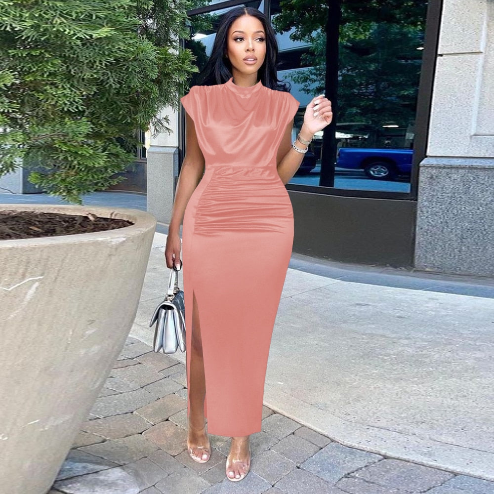 Women Shiny Long Dress Pleated Long Green Elegant Slit High Collar Slim Fit Sleeveless Maxi Robes Female Gowns Party  Spring dingdamall mid size graduation outfit romantic style teen swag clean girl ideas 90s latina aesthetic