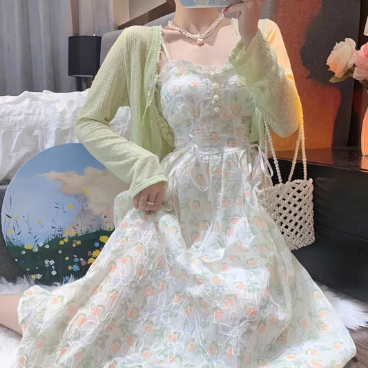 Spring Summer Elegant Y2k Midi Dress Women Casual Lace One Piece Dress Korean Sweet Vintage Floral Dress Party 2 Piece Set