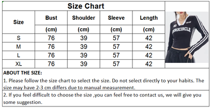 Fashion Letter T-shirts Women Vintage V Neck Slim Tees Female Long Sleeve Crop Top Streetwear Ladies Contrast Y2k Crop Summer