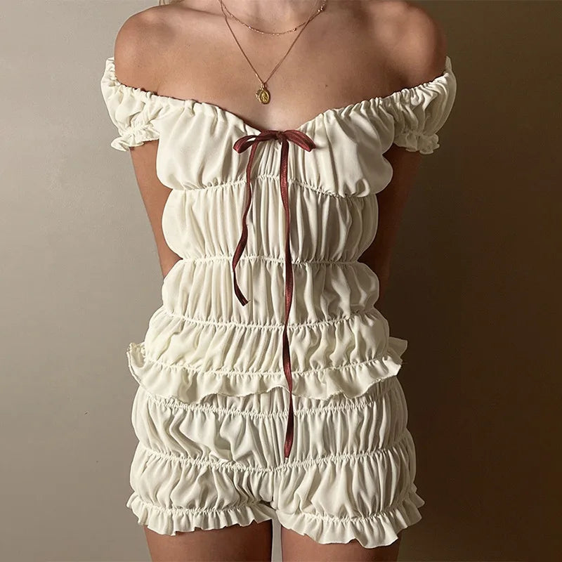 dingdamall  -  Wooden Ear Edge Pleated Shorts Set V Neck Off Shoulder Bow Short Sleeve Sexy Backless Top Slim Fit Casual Fashion Suit