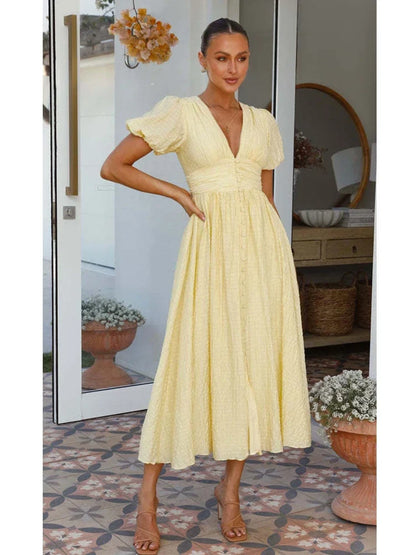 YESMYTOOL  -  V-neck Yellow Puff Sleeve Split Solid Summer Women Dress 2024 A-line Maxi Long Sundress Vestido Button Beach Dress Party