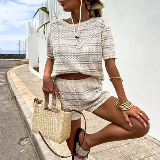 dingdamall  -  New 2024 Striped Knitted Two Piece Sets Summer Women's O-neck Top with Shorts Suit Fashion Color Blocking Slim Fit Beach Outfits