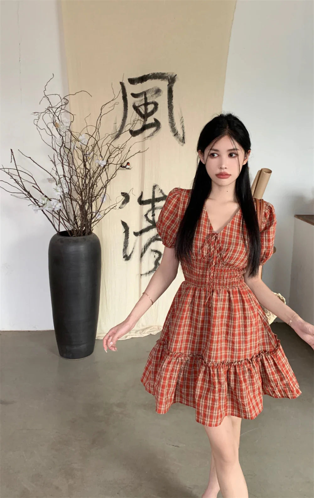 Summer New Beautiful Orange Red Plaid V-neck Pastoral Style Girlish Sweet Dress Woman