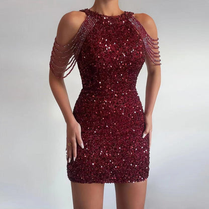 Sexy Off Shoulder Sleeveless Slim Mini Party Dress Ladies Elegant Sequin Shiny O Neck Dress Summer Women Fashion Bag Hip Dresses