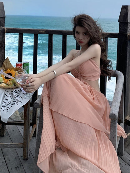 Summer New Fashion Women Sexy Pleated  Boho Long Dress Vacation Beach Strap A line Ladies Robe Sundress