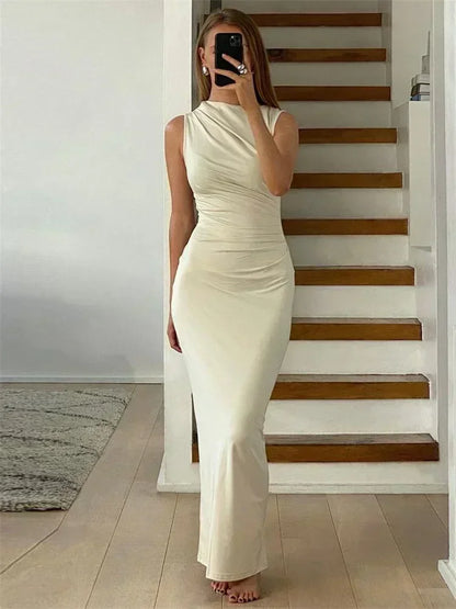 Pleated Long sleeved Slim Maxi Dress Women Solid Fashion Elegant Party Dress Gown Off-Shoulder High Waist Bodycon Dress