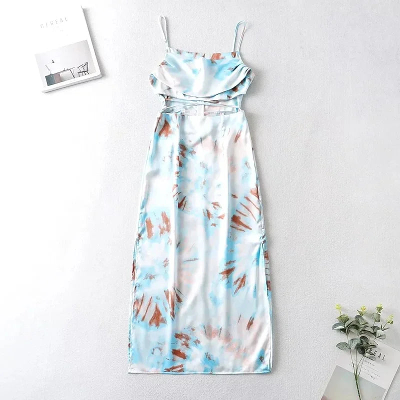 YESMYTOOL  -  Waist Cut Out Criss Cross Sexy Summer Tie-dyed Midi Dress Ladies Elegant Beach Boho Slip Long Dress Sleeveless Sundress