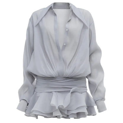 White Chiffon Mini Dress For Women Casual Loose Oversized Pleated Mini Dress See-through Summer Beach Elegant Shirt Dress