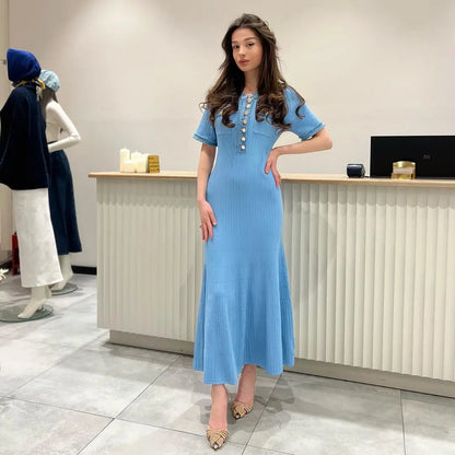 YESMYTOOL  -  Elegant Contrasting Women Knit Maxi Dress Chic O-neck Short Sleeve Metal Buttons Bodycon Dresses 2024 Office Lady Commuting Robe