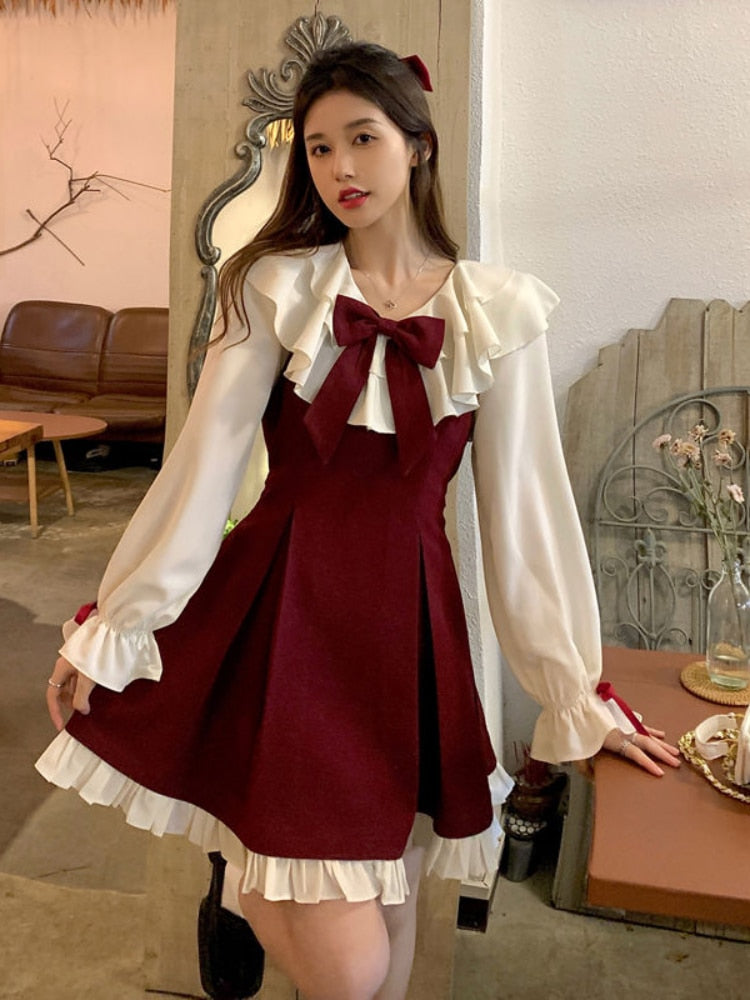 Sweet Cute Dress Suit Women Kawaii Ruffles Bow Long Sleeve Shirt Red Slip Dress Preppy Style Pleated Robe Korean Fashion