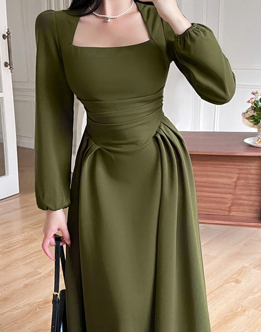 Folds Puff Sleeve Corsets Women Midi Dress Sexy Elegant Bodycon Autumn Elegant Party Casual Lady Long Dress Streetwear