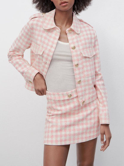 ZA spring new sweet girl pink checkerboard pattern suit jacket + temperament high waist checkerboard pattern casual shorts