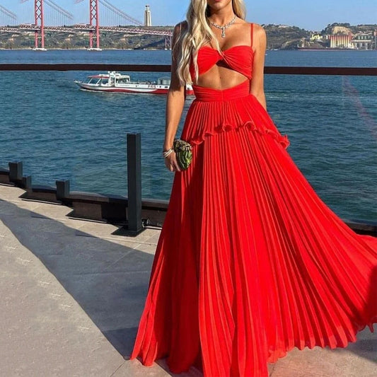 Women Maxi Dress Fashion Solid Suspender Sleeveless V Neck Open Waist Slim Backless Pleated Evening Dresses Streetwear