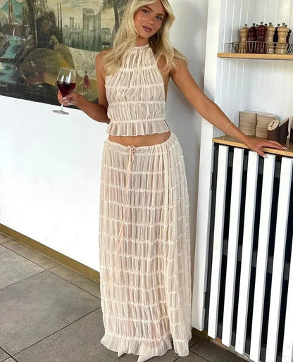 Fashion Solid Hang Neck Long Skirt Suit Women Backless Sling Top Lace Up Fold Maxi Skirts Spring Summer Female 2 Piece Set