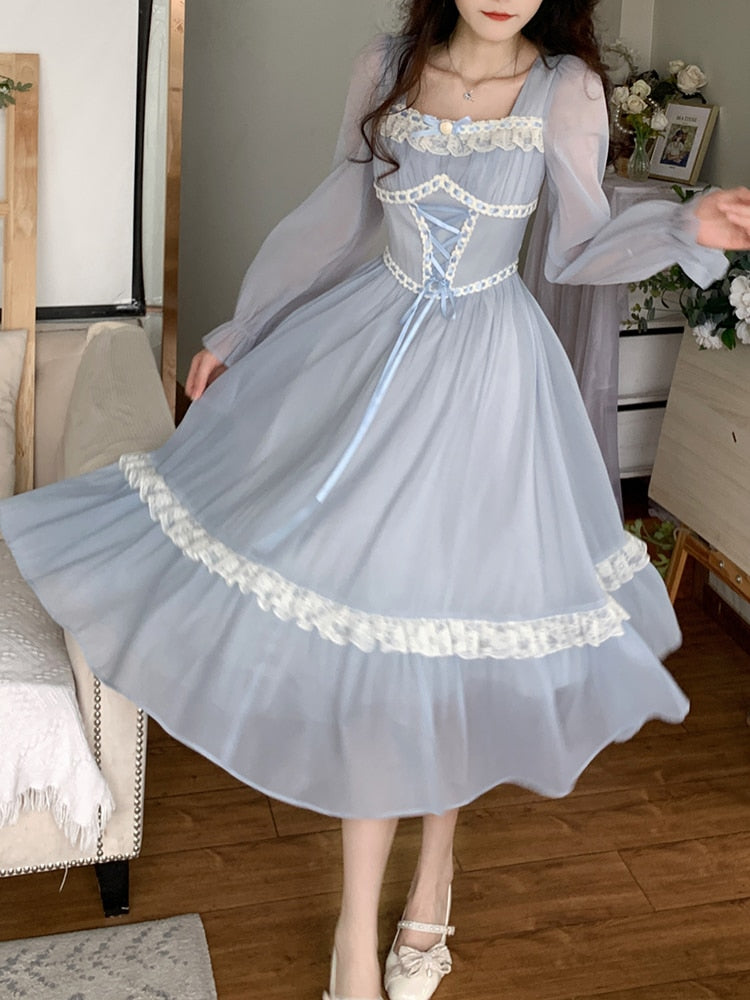 Summer Vintage Fairy Dress Women Bow Lace Korean Style Mid Dress Female Blue Lace Long Sleeves Elegant Party Dress Casual