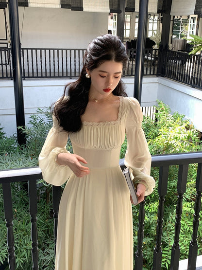 Vintage Puff Sleeve Square Neck French Fashion Evening Long Dresses for Women Elegant Summer Bodycon Dress Beach Clothing