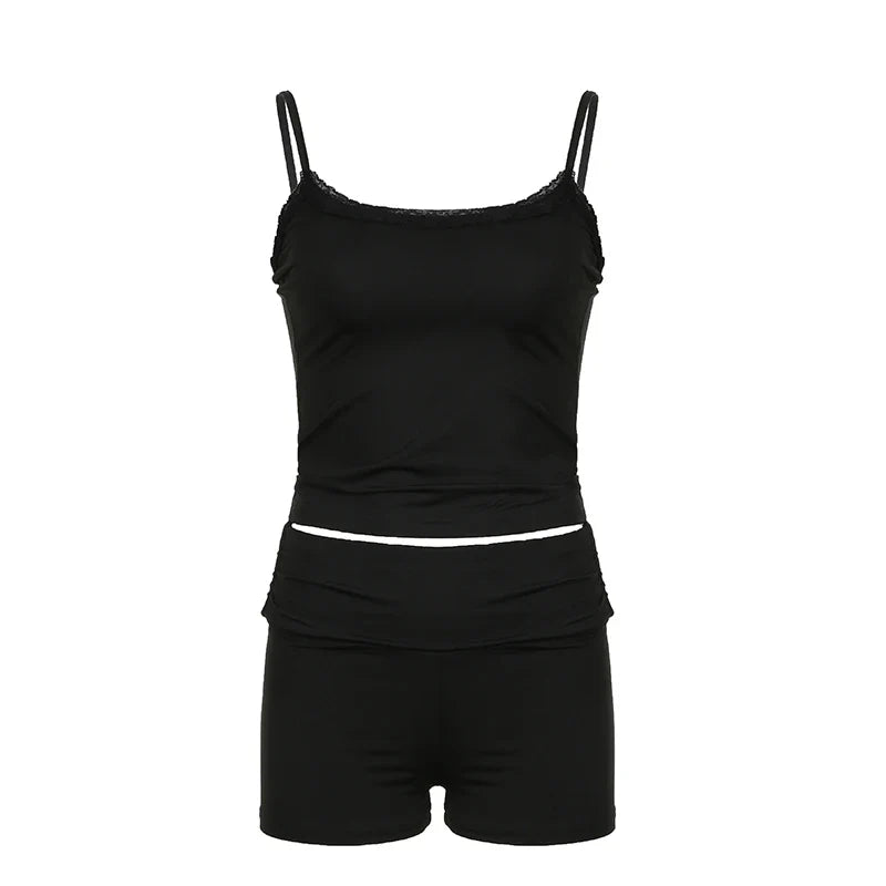 dingdamall  -  Casual Basic Fitness Summer Two Pieces Set Female Lace Trim Sporty Chic All-Match Tracksuit Crop Top+Shorts Outfits