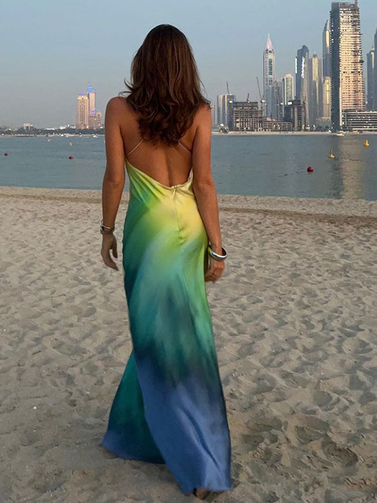 Women Fashion Sexy Backless Contrast Printing Sling Maxi Dress Chic V-neck Sleeveless Dresses Female Elegant Beach Party Vestido