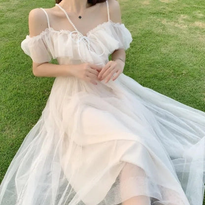 Sweet Kawaii Fairy Princess Mesh Dress Elegant White Spaghetti Strap Off Shoulder Party Dresses Woman Vacation