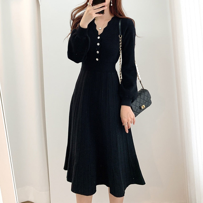 Vintage One Piece Korean Pleated Dress Long Sleeve Slim Woman Sweater Dresses Knitted Elegant Midi Party Woman Dress Autumn