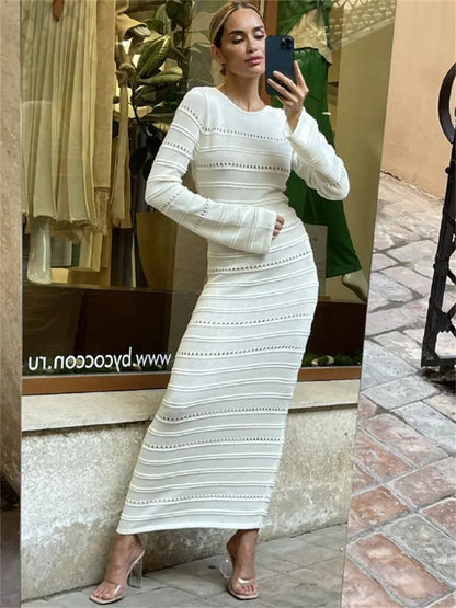 Hollow Out Bodycon Knit Dress Female Patchwork Solid High Waist Long Sleeve Fashion Knitwear Party Dress Gown Streetwear