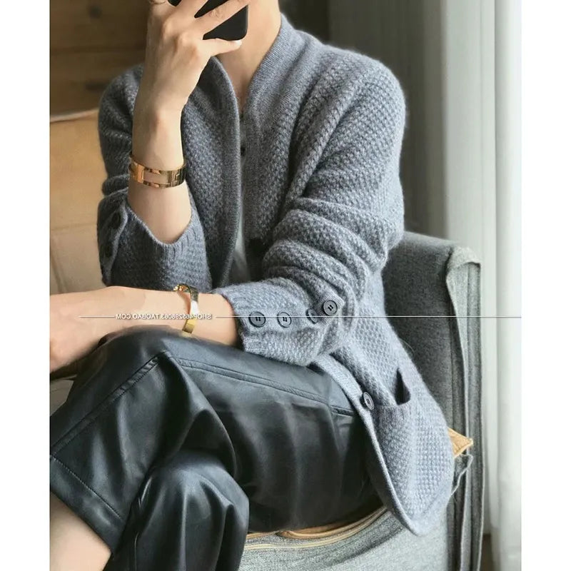 Autumn Winter New Thickened 100% Cashmere Wool Cardigan Women Stand Neck Sweater Sweater Loose Knit Base Wool Sweater Jacket