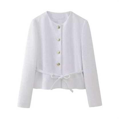 Women's Casual Short Suit Coat, Versatile Round Neck, Belt Texture, Spring Fashion