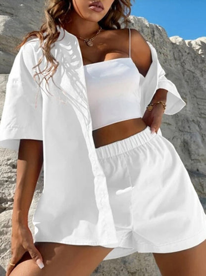 Summer Casual Ladies 2 Piece Fashion Short Sleeve Lapel Cardigan Tops and Elastic Waist Pocket Shorts Set Solid Loose Women Suit