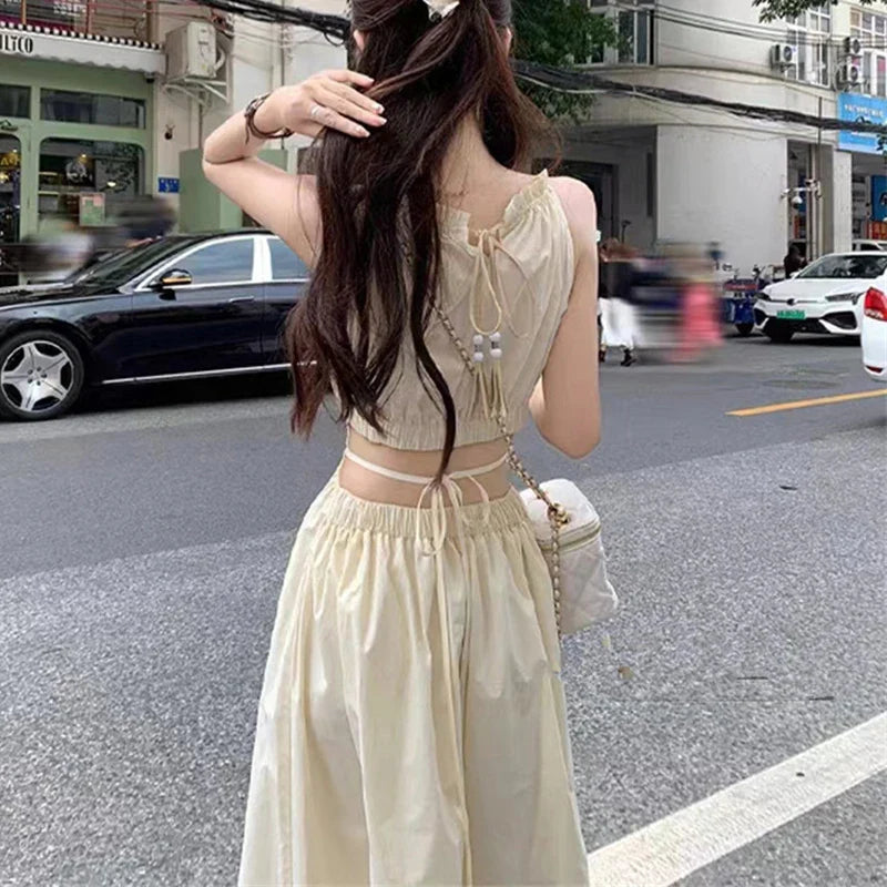 Summer Halter Cut-out Sleeveless Tassel Hem Holiday Beach Women Long Dress